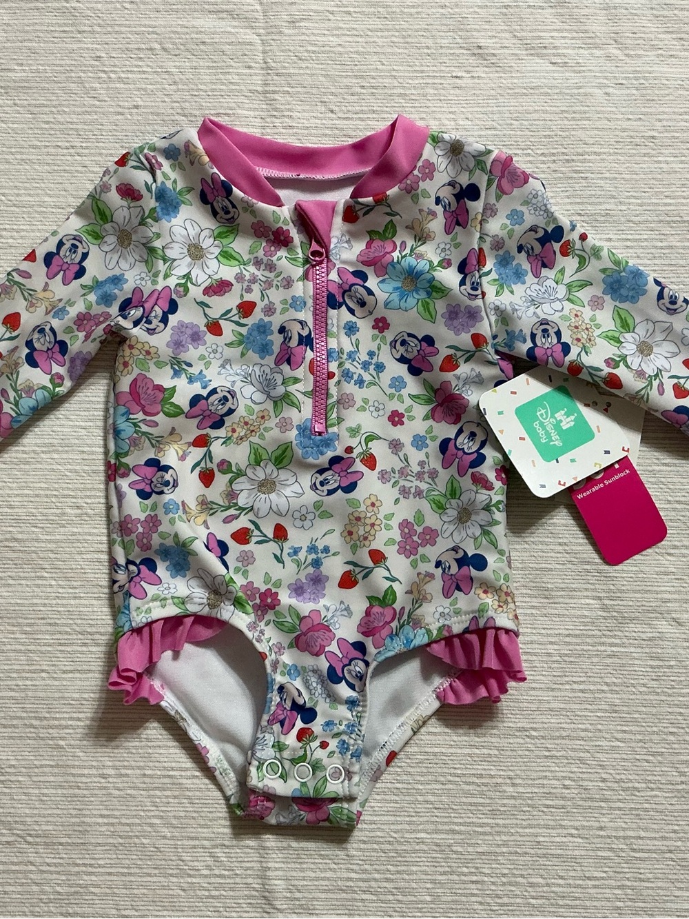 Disney Baby Minnie Mouse Floral Rash Guard One-Piece - White, Pink & Blue